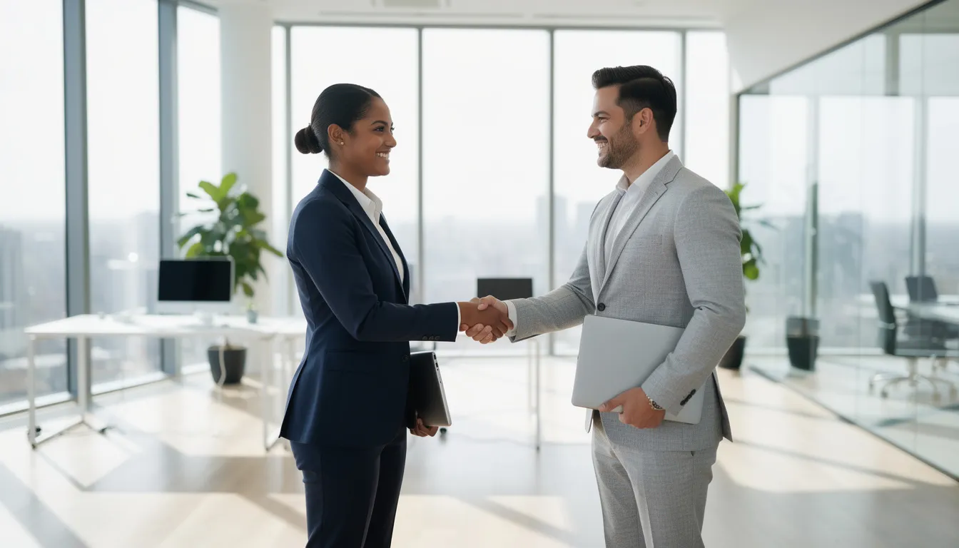 The image depicts two professionals shaking hands in a bright, modern office, symbolizing a successful partnership in retirement planning. This moment reflects the importance of informed decisions regarding retirement savings and investment choices for a secure financial future.