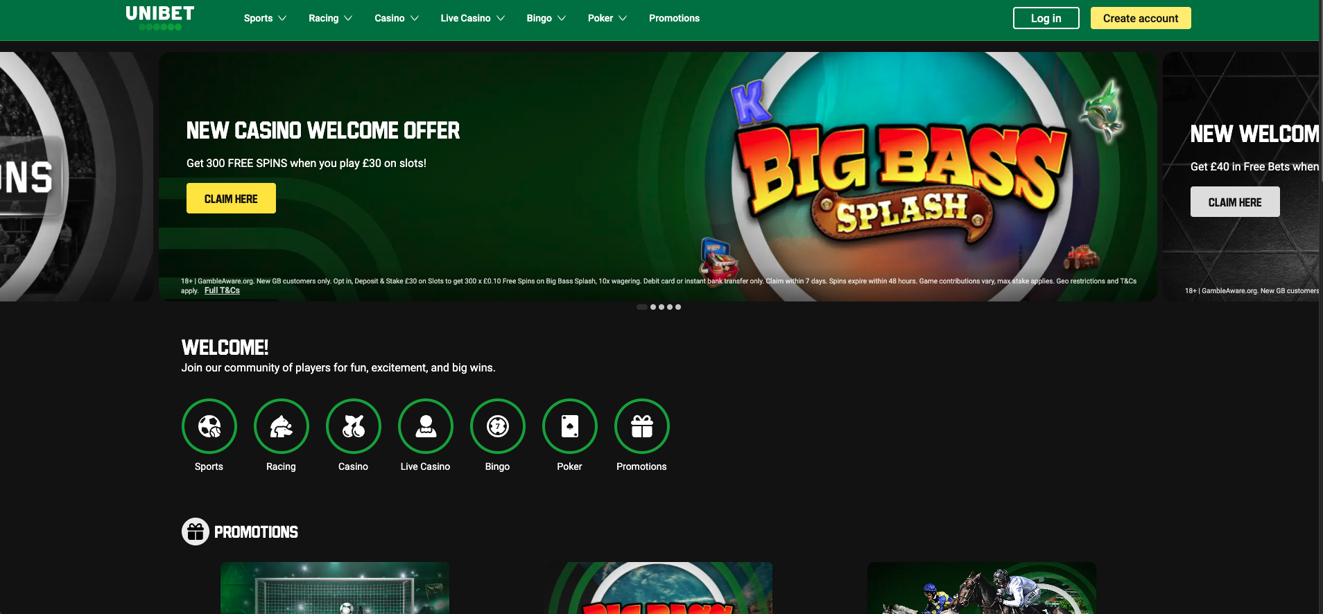 Unibet sportsbook and casino homepage featuring welcome promotions, sports betting and casino games for UK bettors.