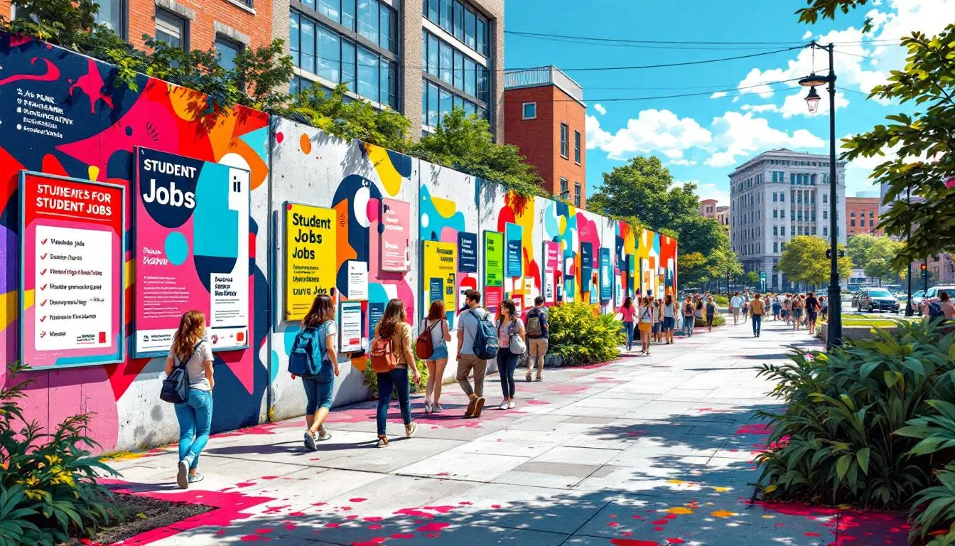 Un campus universitaire avec des affiches d'emplois pour étudiants.