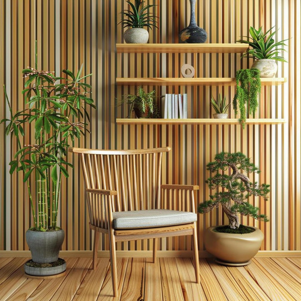 interior wood slat wall ideas for living room with botanical