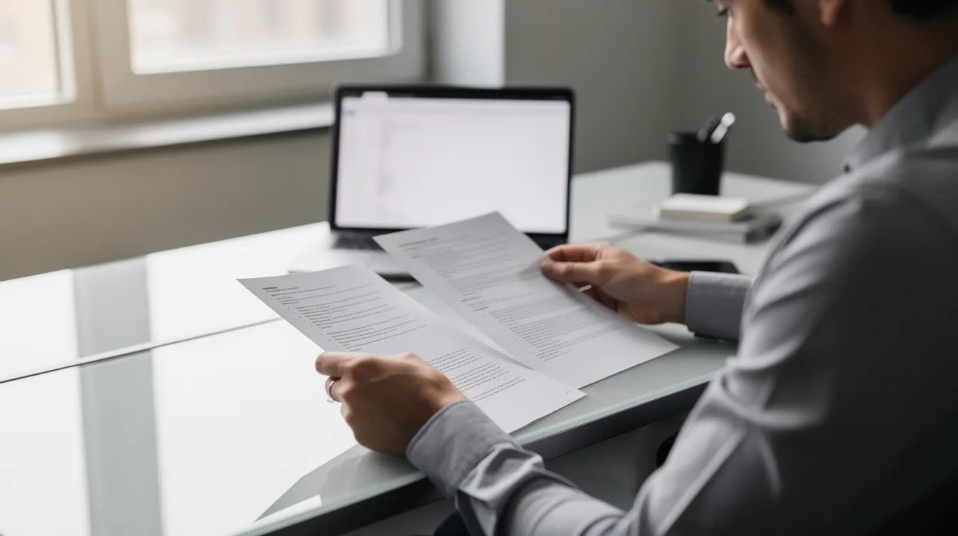 How to Improve Your CV in 2026 and Land More Interviews 3 A person is seated at a modern desk, intently comparing two printed documents side by side, while a laptop sits in the background. This scene suggests an effort to improve a CV or cover letter, highlighting the importance of tailoring job applications to match job postings and attract hiring managers.