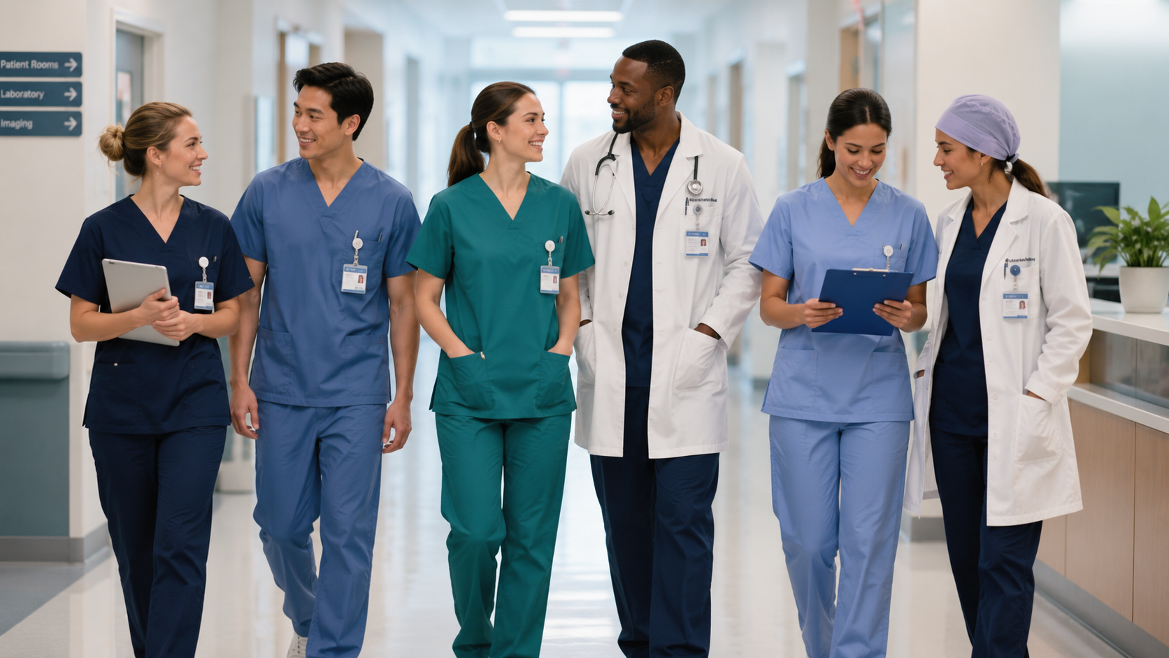 Healthcare professionals wearing color-coded scrubs, lab coats, medical caps, and staff identification badges