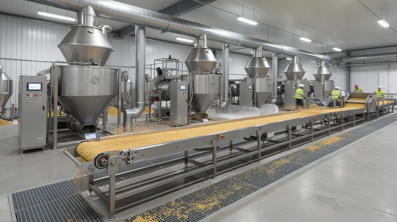 The image depicts the interior of an industrial dal mill plant, showcasing a complex arrangement of conveyor systems, hoppers, and dal milling machinery in operation. The setup illustrates the processing stages of various pulses, highlighting the fully automatic capabilities and consistent performance of the machinery used in dal processing.