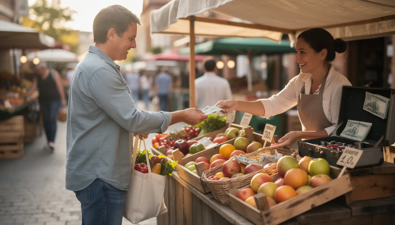 A person is making a cash payment at a small local market vendor, exchanging money for goods while receiving a receipt for the transaction. The scene captures the simplicity of cash payments in a community setting, highlighting the personal interaction between the payer and the payee.