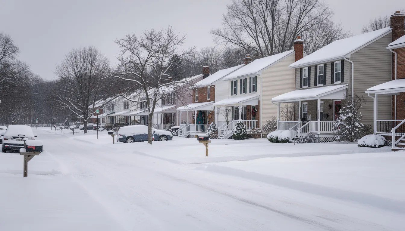 Heat Pump vs. Furnace Replacement: Upstate NY Home Guide 7 The image depicts a snow-covered residential street in upstate New York, showcasing well-maintained homes adorned with winter decorations. The scene reflects a cold climate, highlighting the importance of efficient heating solutions like heat pump systems to ensure year-round comfort and reduced heating costs.