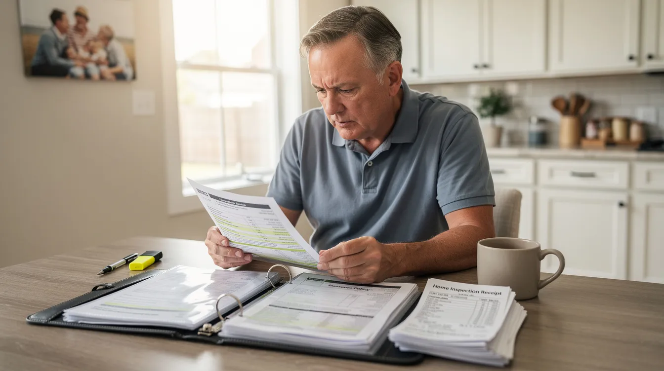 A homeowner sits at a kitchen table, reviewing insurance documents and inspection receipts, highlighting the importance of a home fire safety checklist. The scene emphasizes the need for smoke alarms, carbon monoxide detectors, and an escape plan to ensure the safety of the whole family in case of fire.