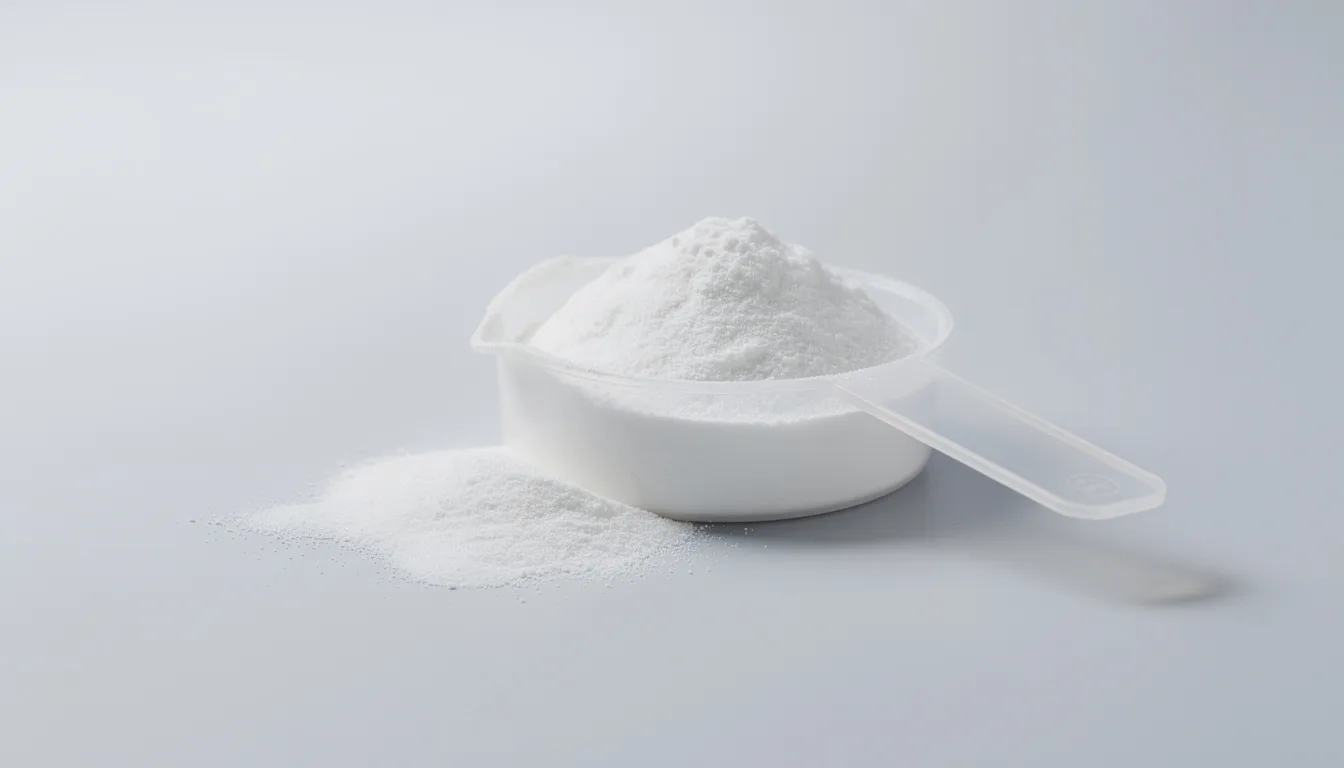 A clean surface features a measuring scoop filled with pure creatine monohydrate, a white powder supplement commonly used for muscle growth and lean muscle mass gain. This creatine supplement is known for its benefits in supporting muscle recovery and enhancing performance during high-intensity exercise.