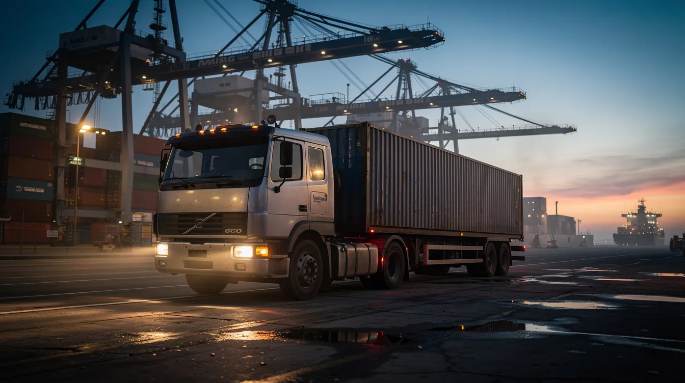 A heavy truck is seen traveling along an industrial corridor at dusk, with large port infrastructure and cranes visible in the background. This scene highlights the busy environment where commercial trucks operate, emphasizing the importance of safety to prevent truck accidents that can lead to serious injuries and legal claims.