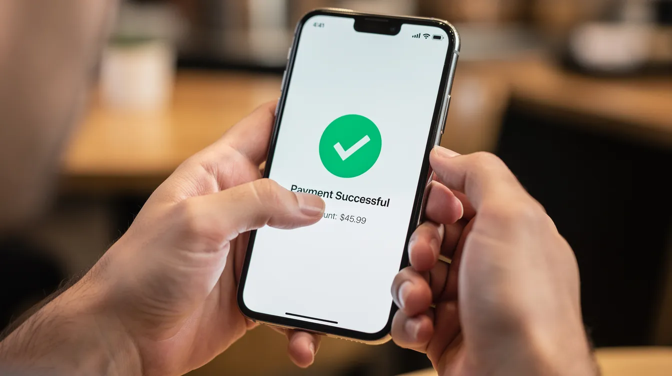 A close-up view of hands tapping on a smartphone screen that displays a payment confirmation with a prominent green checkmark, indicating a successful transaction. This image symbolizes the ease of sending money through services like ESAF Small Finance Bank, highlighting fast processing and secure transfers.