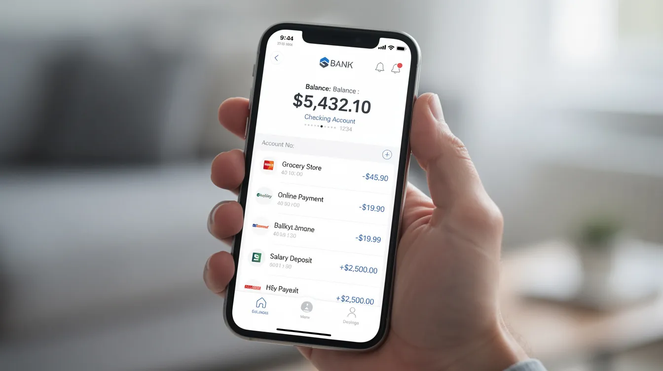 A person is holding a smartphone displaying a mobile banking app that shows their bank account details, including the account number and sort code. This image highlights the ease of managing finances through a mobile app, particularly for users of Barclays Bank PLC in the UK.