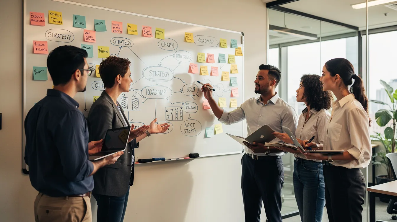 Kuvassa tiimin jäsenet keskustelevat yhteistyössä valkotaulun ympärillä, jakamalla ideoita ja strategioita. Keskustelussa saatetaan käsitellä esimerkiksi työntekijöiden sitoutumista ja enps:n (employee net promoter score) merkitystä työpaikan kehittämisessä.