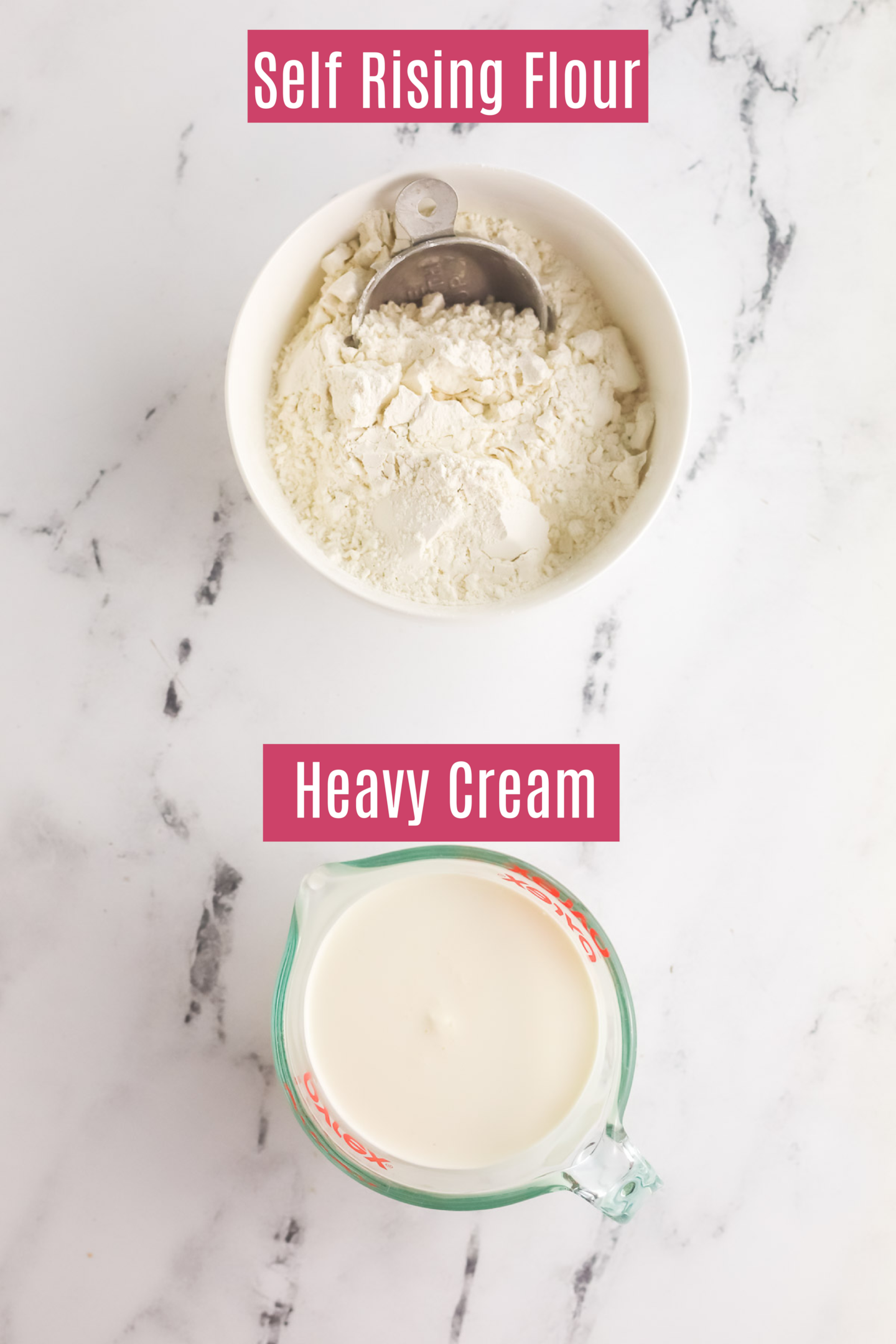 heavy cream in a measuring cup and a bowl of white lily self rising flour