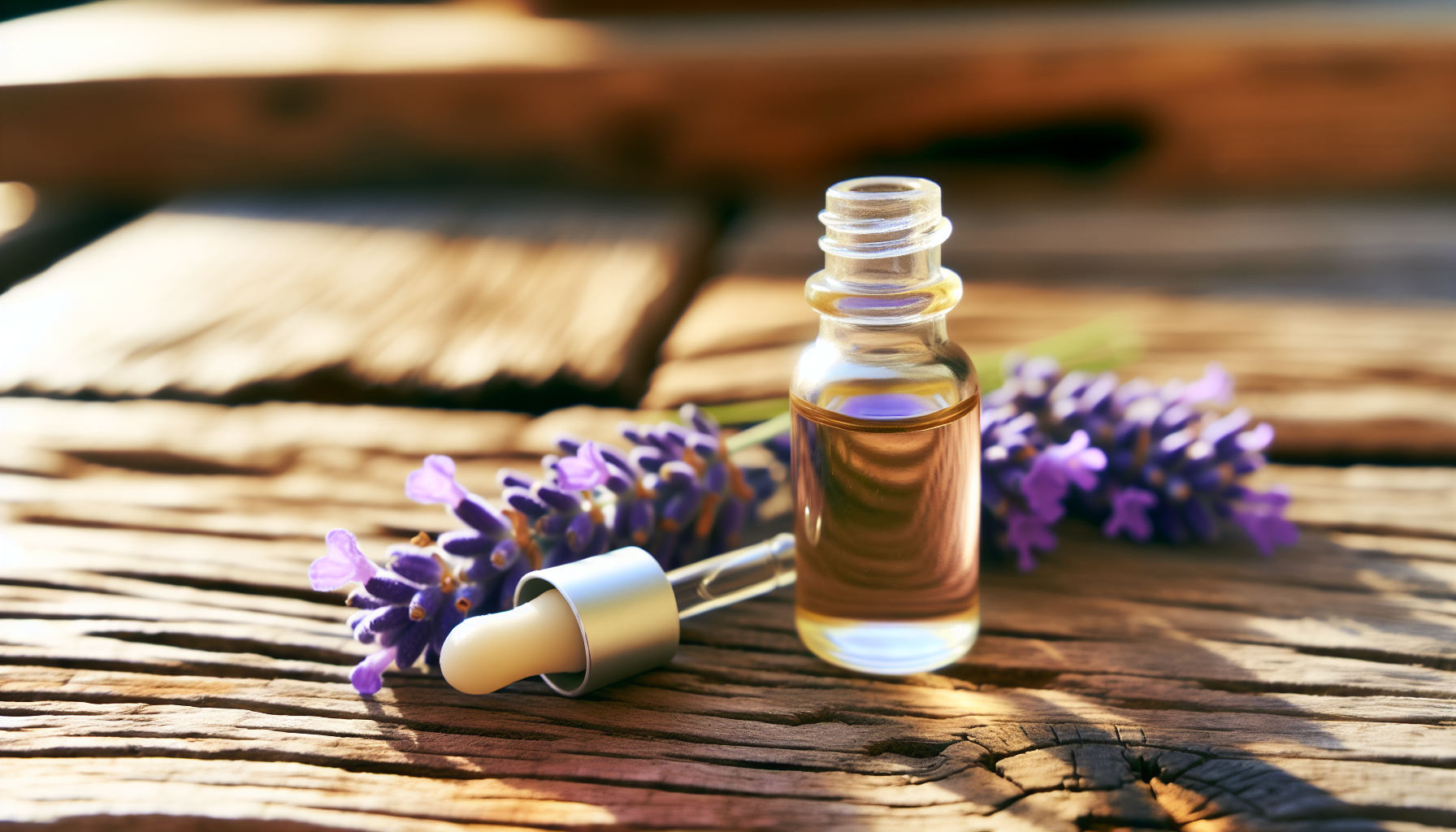 Lavender essential oil bottle with lavender flowers