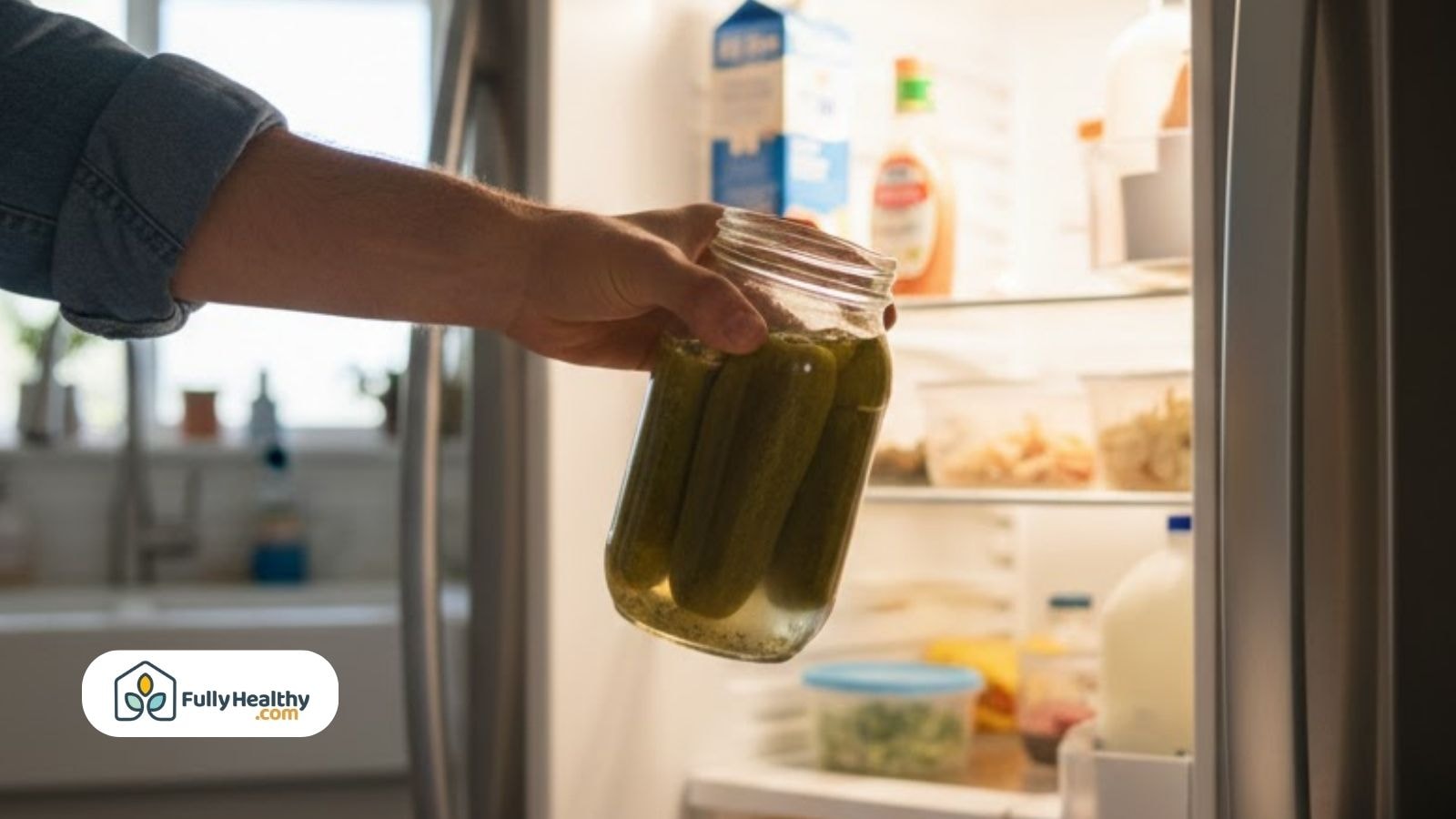 Jar of pickles being placed by a hand into a refrigerator.