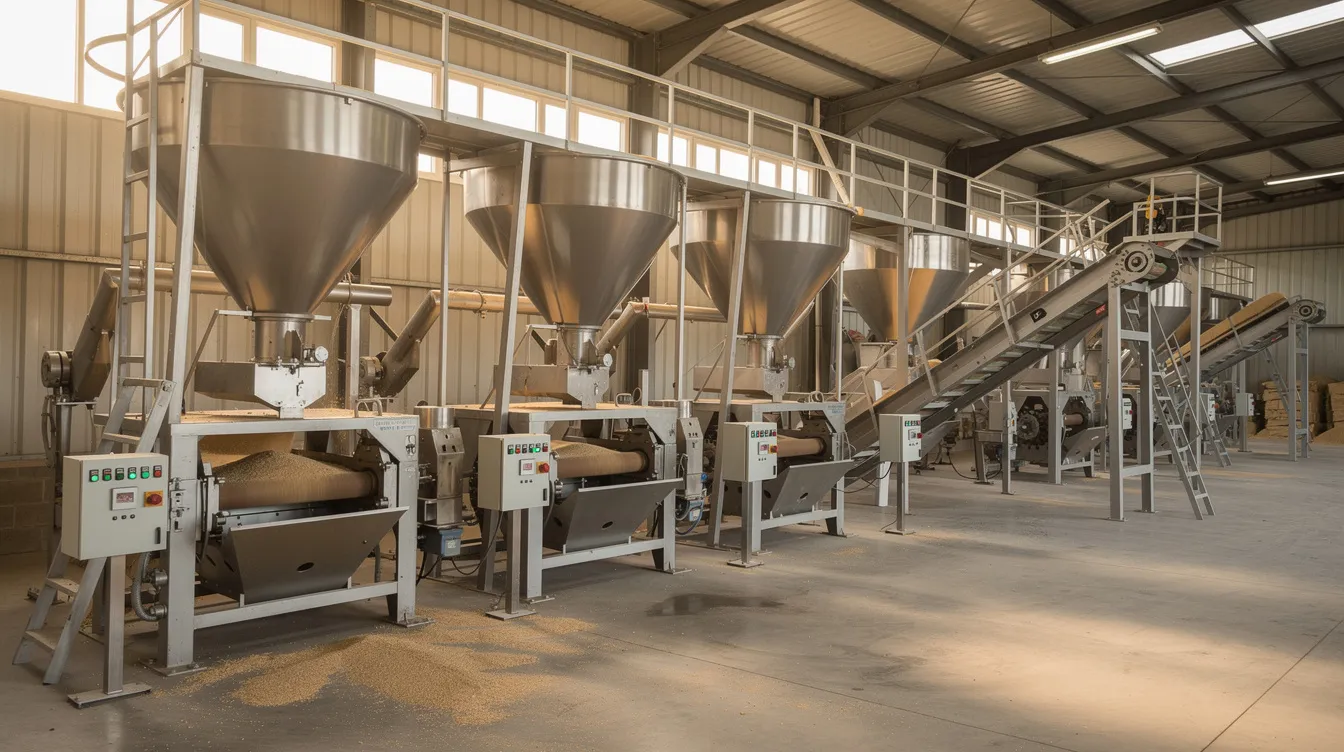 b2bbad23 ccb9 4628 9274 b7f0a9c8ec3e The image depicts industrial grain grinding machinery featuring metal hoppers and conveyor systems within a processing facility, designed for the efficient production of gram flour (besan) from raw materials like chana dal and garbanzo beans. This grinding process is crucial for enhancing productivity and quality in the besan production industry.