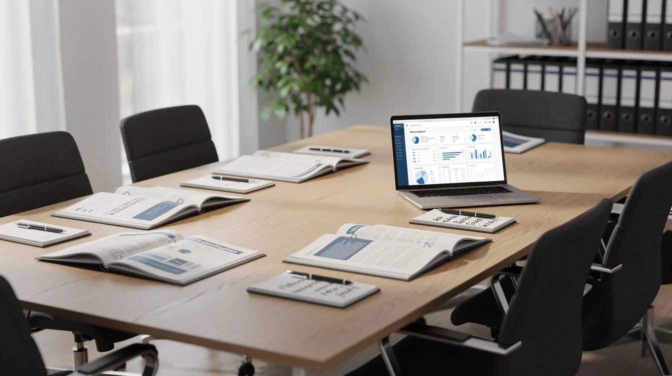 De afbeelding toont een zakelijke overlegtafel in een rustige kantooromgeving, met dossiers, een laptop en pennen die klaar liggen voor gebruik. De setting straalt een professionele sfeer uit, geschikt voor belangrijke besprekingen en het bespreken van arbeidsovereenkomsten.