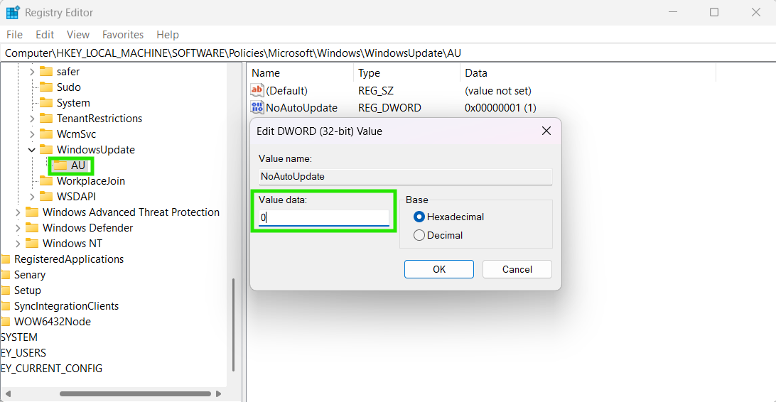 When changing the value back to 0 to resume Windows 1 updates without deleting the folder.