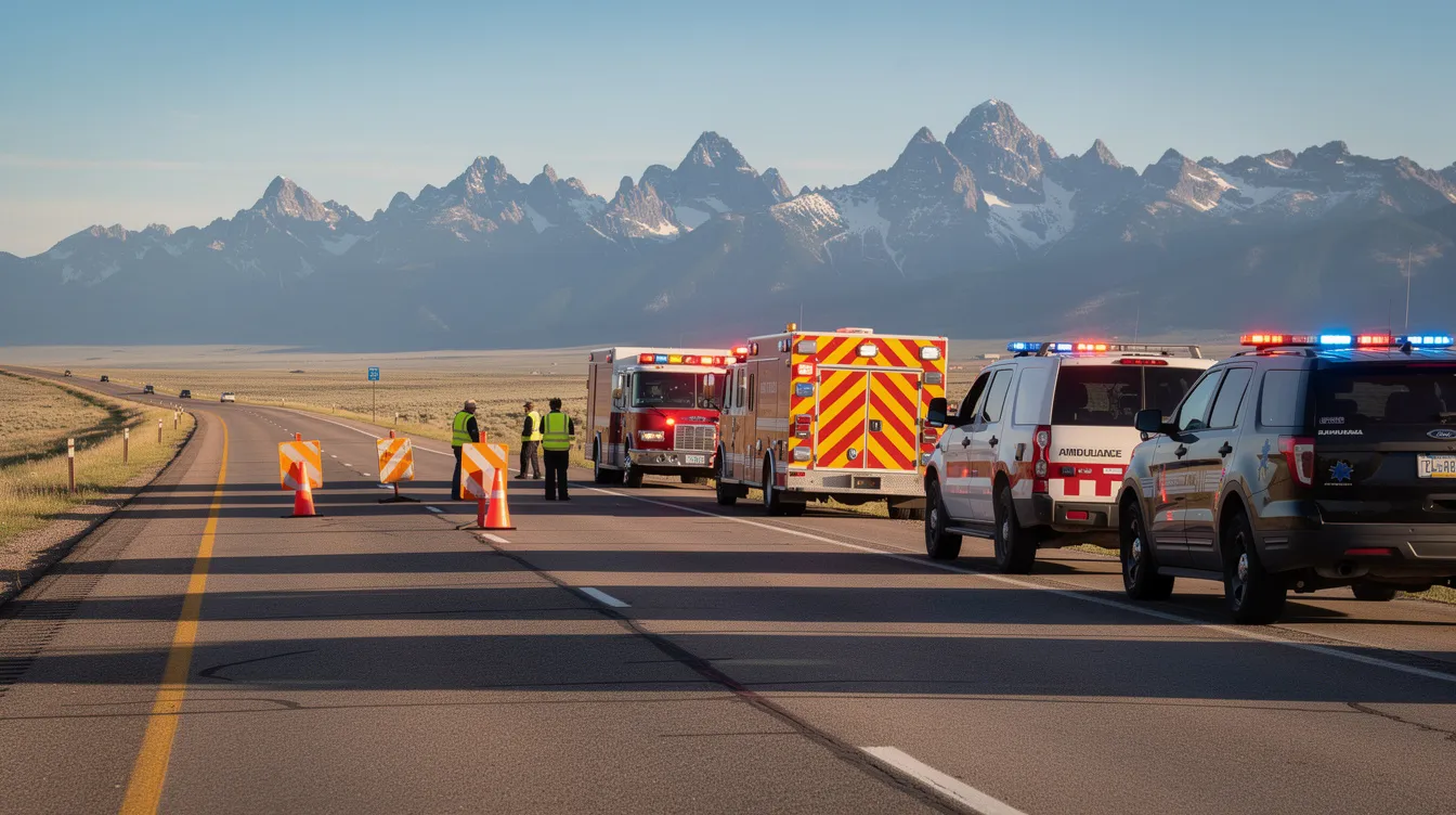 The image shows a Colorado highway with a stunning mountain backdrop, where emergency vehicles are present, likely responding to a car accident. The scene highlights the potential for catastrophic injury cases and the importance of having experienced personal injury attorneys to assist accident victims in pursuing fair compensation for their medical expenses and pain and suffering.