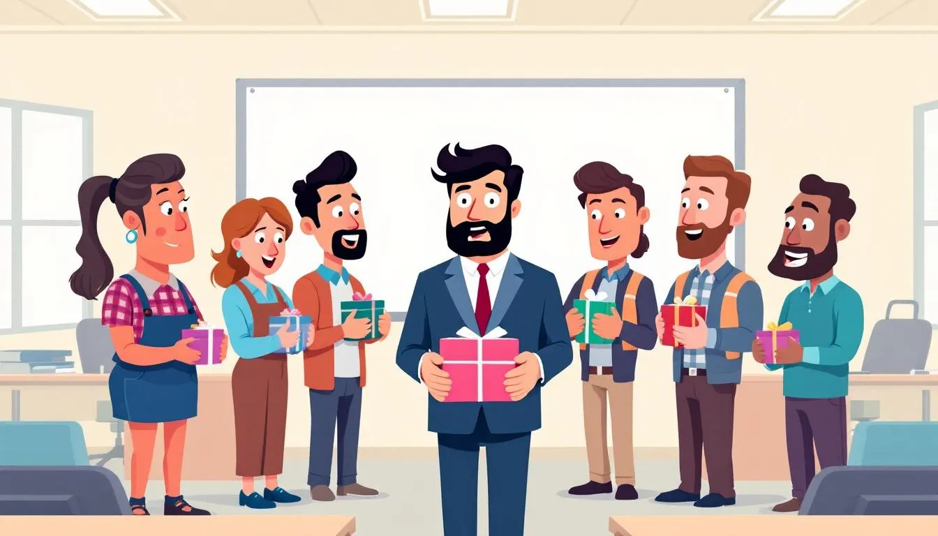 In a cheerful cartoon scene, a diverse group of workers presents a thoughtful gift to their boss, showcasing a personalized tote bag filled with practical office items like a desk organizer and a coffee mug. The moment reflects appreciation and teamwork, celebrating their boss's leadership with a personal touch.