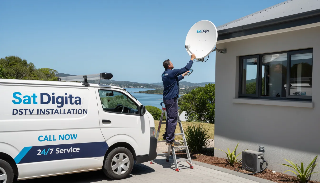 The image features a professional DStv installation service provider in Knysna, showcasing skilled technicians setting up a satellite dish and decoder for optimal signal reception. This highlights the comprehensive DStv installation services available to ensure uninterrupted viewing for local residents.