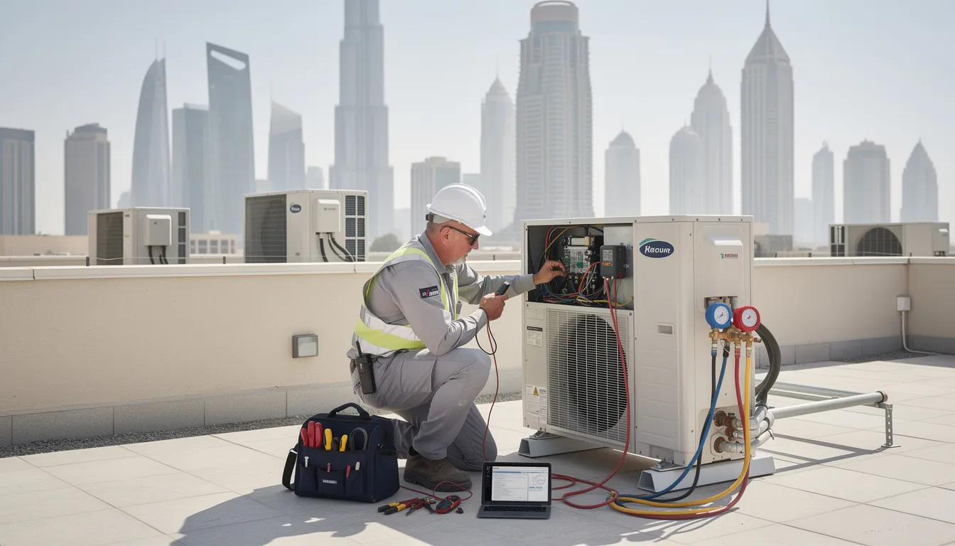 An AC technician is seen working on the outdoor unit of an air conditioning system on a rooftop in Dubai, equipped with all the necessary tools for maintenance and repair. This professional air conditioning service ensures optimal performance and energy efficiency for the cooling system, contributing to cleaner air and improved indoor air quality.