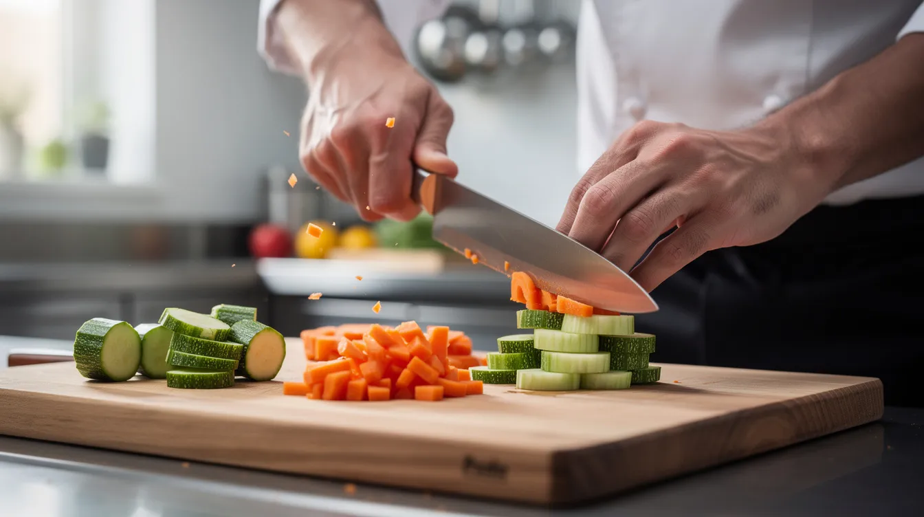A chef is skillfully preparing vegetables using high-quality kitchen knives, showcasing precise chopping and slicing techniques with a set of sharp, high carbon stainless steel chef knives. The image highlights the chef's focus and expertise in knife work as they expertly handle the vegetables.