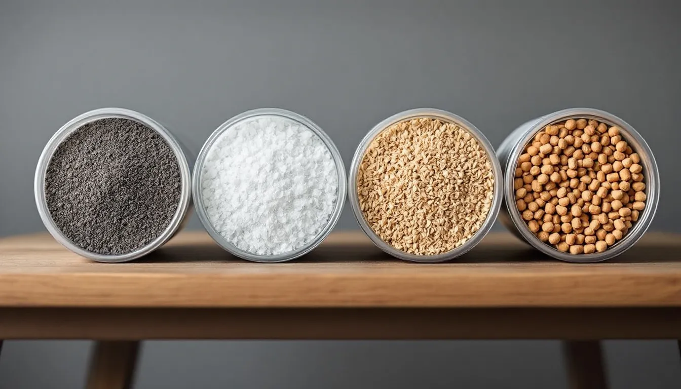 De afbeelding toont verschillende soorten kattenbakvulling naast elkaar, waaronder klei grit, houtkorrels en tofu korrels. Deze variëteiten zijn geschikt voor zowel semi automatische kattenbakken als zelfreinigende kattenbakken en helpen nare geurtjes te minimaliseren.