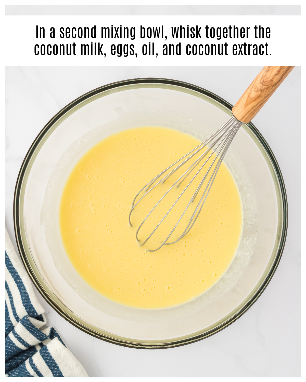 coconut milk, eggs, oil, and coconut extract whisked together in a bowl