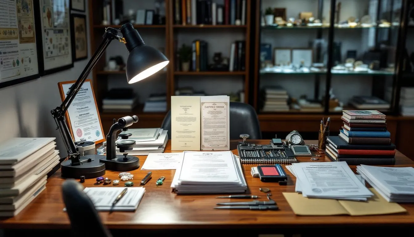 The image depicts a professional appraisal workspace filled with various gemological tools, certificates, and reference materials, showcasing the meticulous environment of a jewelry appraiser. This setting highlights the importance of professional appraisal practice in assessing the quality and value of fine jewelry items for insurance purposes.