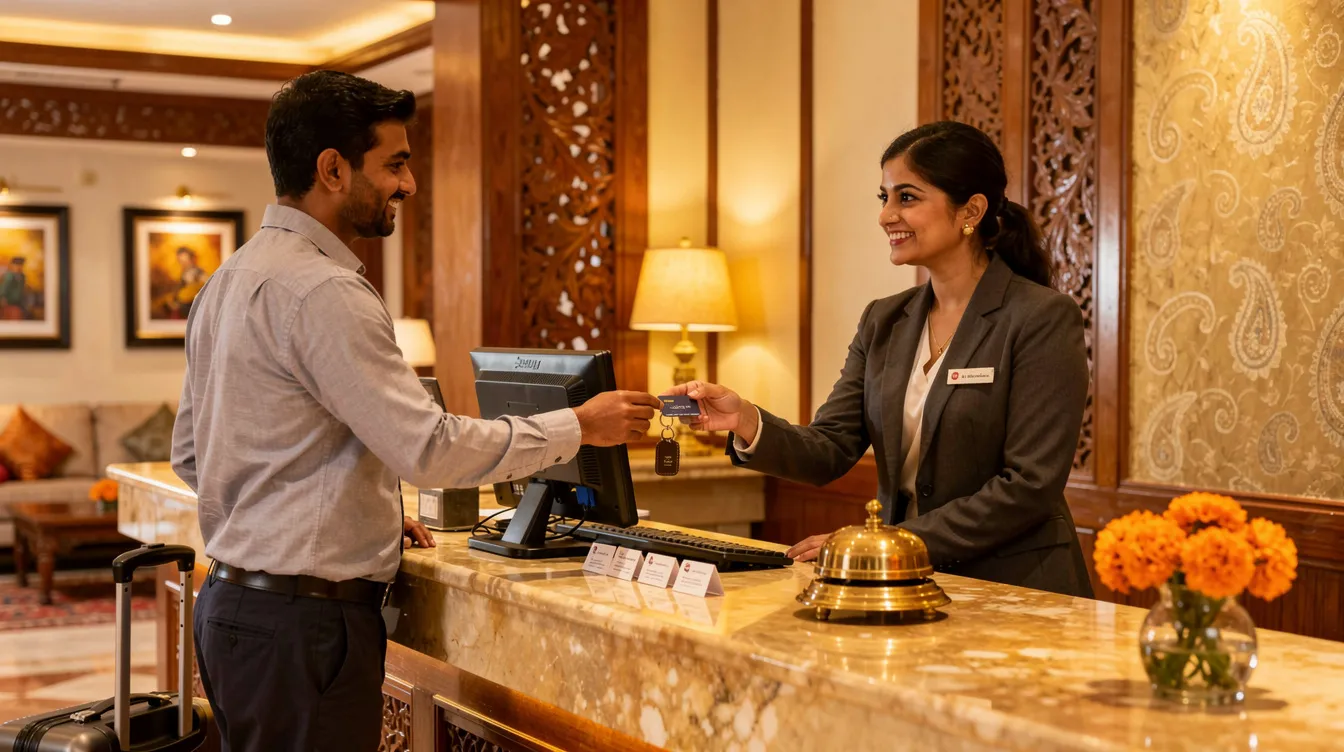 b2c8c2db f816 440b aaf3 19fdda574e32 The image depicts a hotel front desk in an Indian hotel setting, where a friendly receptionist is handing a room key to a guest. This scene highlights the importance of guest satisfaction and operational efficiency in achieving a hotel's financial health, including managing fixed and variable costs to reach the break even point.