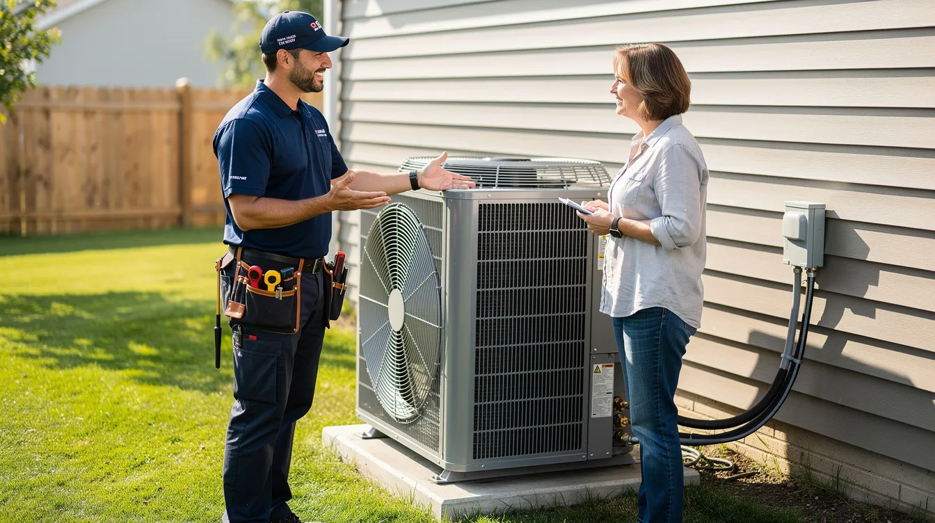 An HVAC technician is conversing with a homeowner next to a 3-ton air conditioning unit, discussing the efficiency and cooling power of their air conditioning system. The technician is explaining the benefits of energy savings and the importance of proper installation for optimal home comfort.