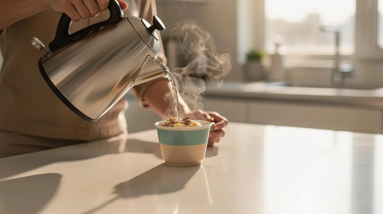 b2cc7d3c 99be 4ee0 99ea c9648a392fda A person is pouring hot water into a single-serve breakfast cup of instant poha mix, with steam rising from the cup, all set on a clean kitchen counter. The scene captures the process of preparing a nutritious snack that is popular in India, showcasing the ease and convenience of making a quick bite.
