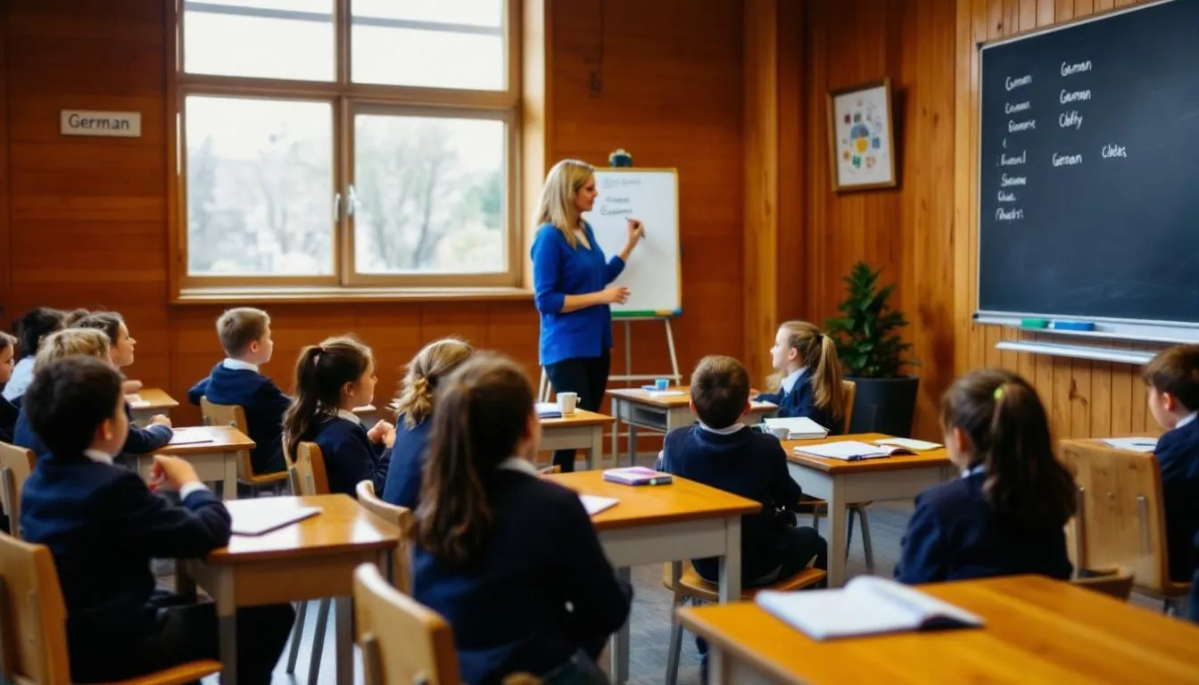 Das Bild zeigt eine Gruppe von Kindern, die gemeinsam Deutsch lernen. Sie sitzen an einem Tisch, umgeben von Büchern und Arbeitsblättern, während sie an Übungen zur Grammatik und Rechtschreibung arbeiten, um typische Fehler in der deutschen Sprache zu vermeiden.
