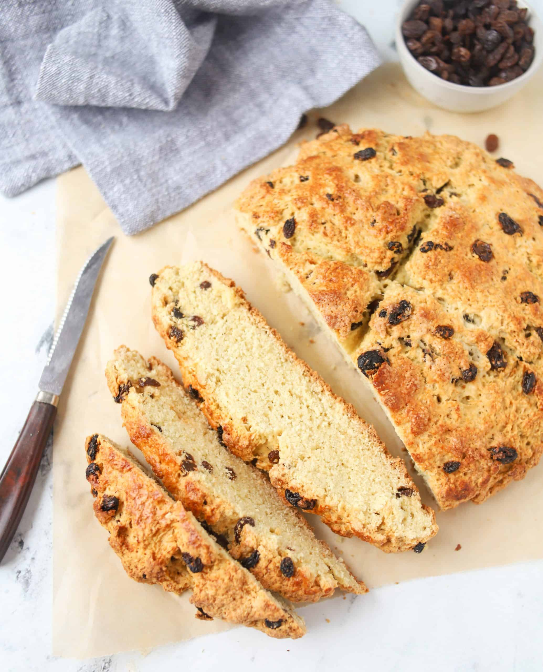 Irish soda bread sliced and a knife