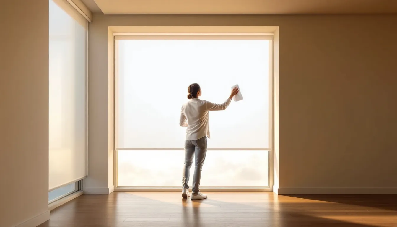 A person cleaning roller shades in a bright room.