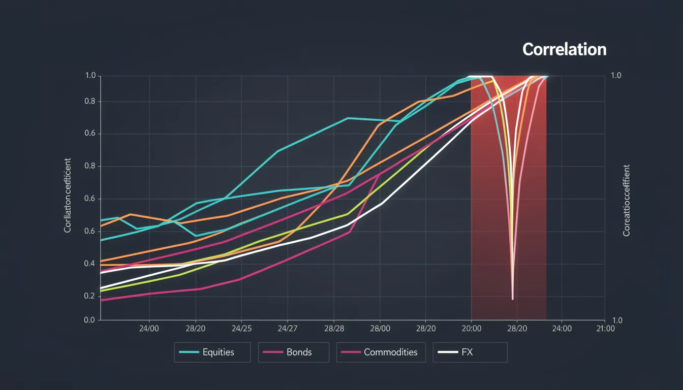 The image depicts a visualization of correlation lines converging toward a correlation coefficient of 1.0, illustrating a strong positive correlation among financial instruments during a market crisis period, which can influence trading strategies and risk management decisions. This convergence highlights the importance of correlation analysis in understanding market behavior and identifying profitable trading opportunities.