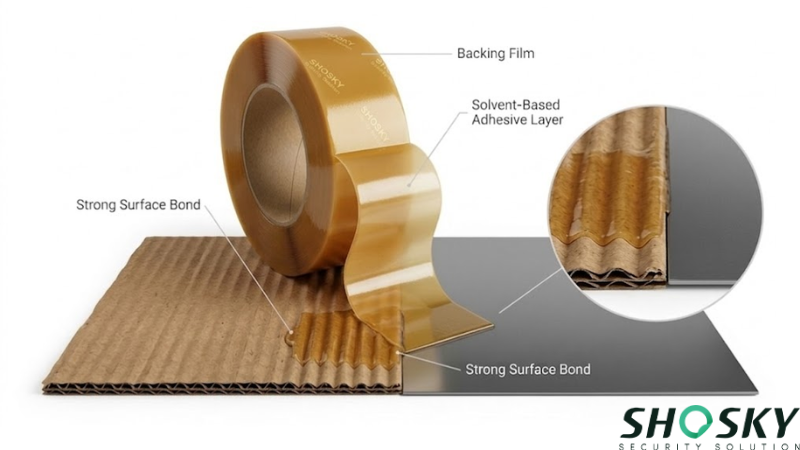 Durable solvent based adhesive tape test to show its components