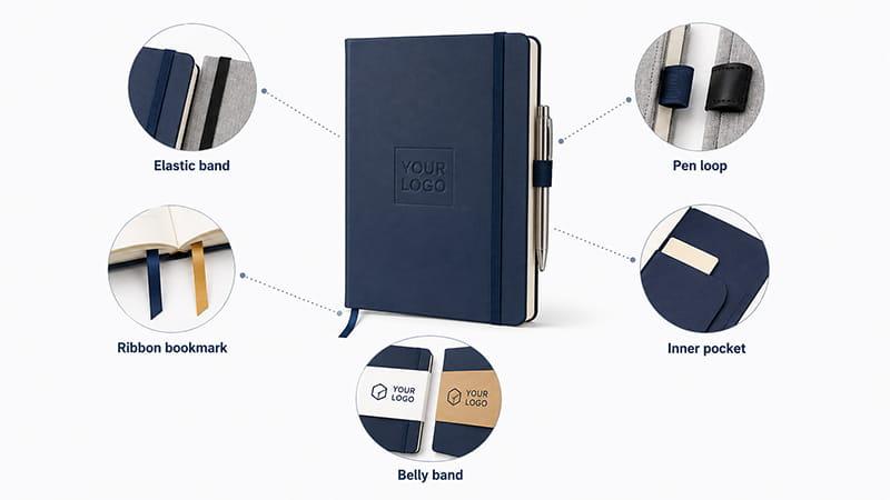 A5 notebook details showing an elastic band, pen loop, ribbon bookmark, inner pocket, and belly band