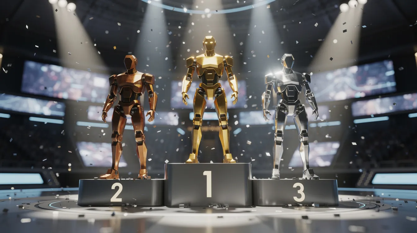 The image features a victory podium in a brightly lit arena, showcasing three abstract robot figures representing gold, silver, and bronze positions. These AI agents stand triumphantly, symbolizing a celebration of achievement and competition in a futuristic setting.