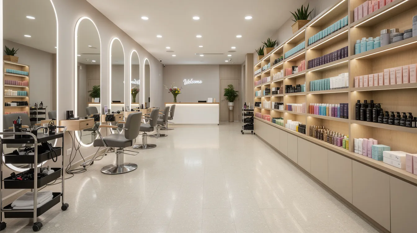 b2da7df5 689d 492b 9751 0a61d6028dfb The image depicts a well-organized beauty salon featuring stylish styling chairs, large mirrors, and neatly arranged product shelves, creating an inviting atmosphere for clients. This setup reflects the importance of a well-planned business environment, which is essential for successful micro enterprises seeking funding through programs like the Mudra loan scheme.
