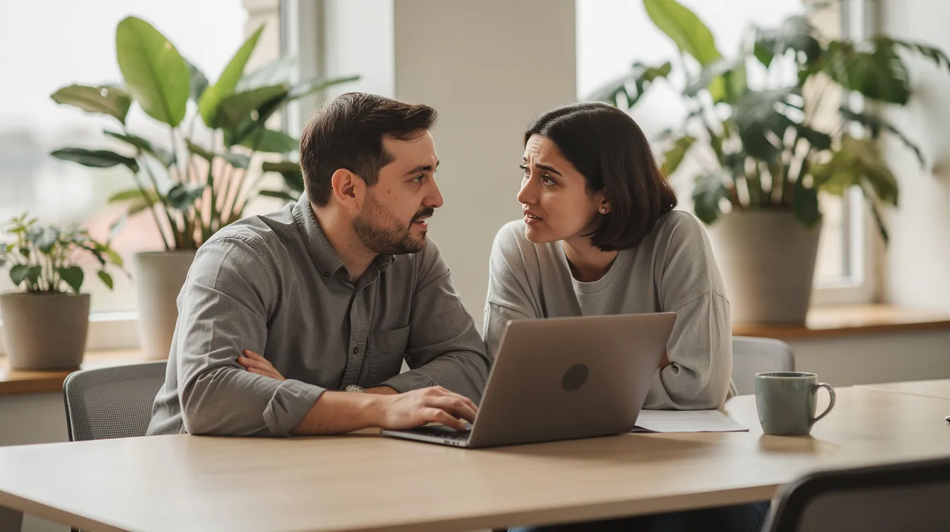 Deux collègues échangent dans un bureau calme, entourés de plantes vertes, illustrant une conversation empathique qui favorise le développement des compétences managériales et la confiance au sein de l'équipe. Cette scène met en avant l'importance de l'écoute active et des pratiques de management pour une meilleure communication et un bien-être au travail.