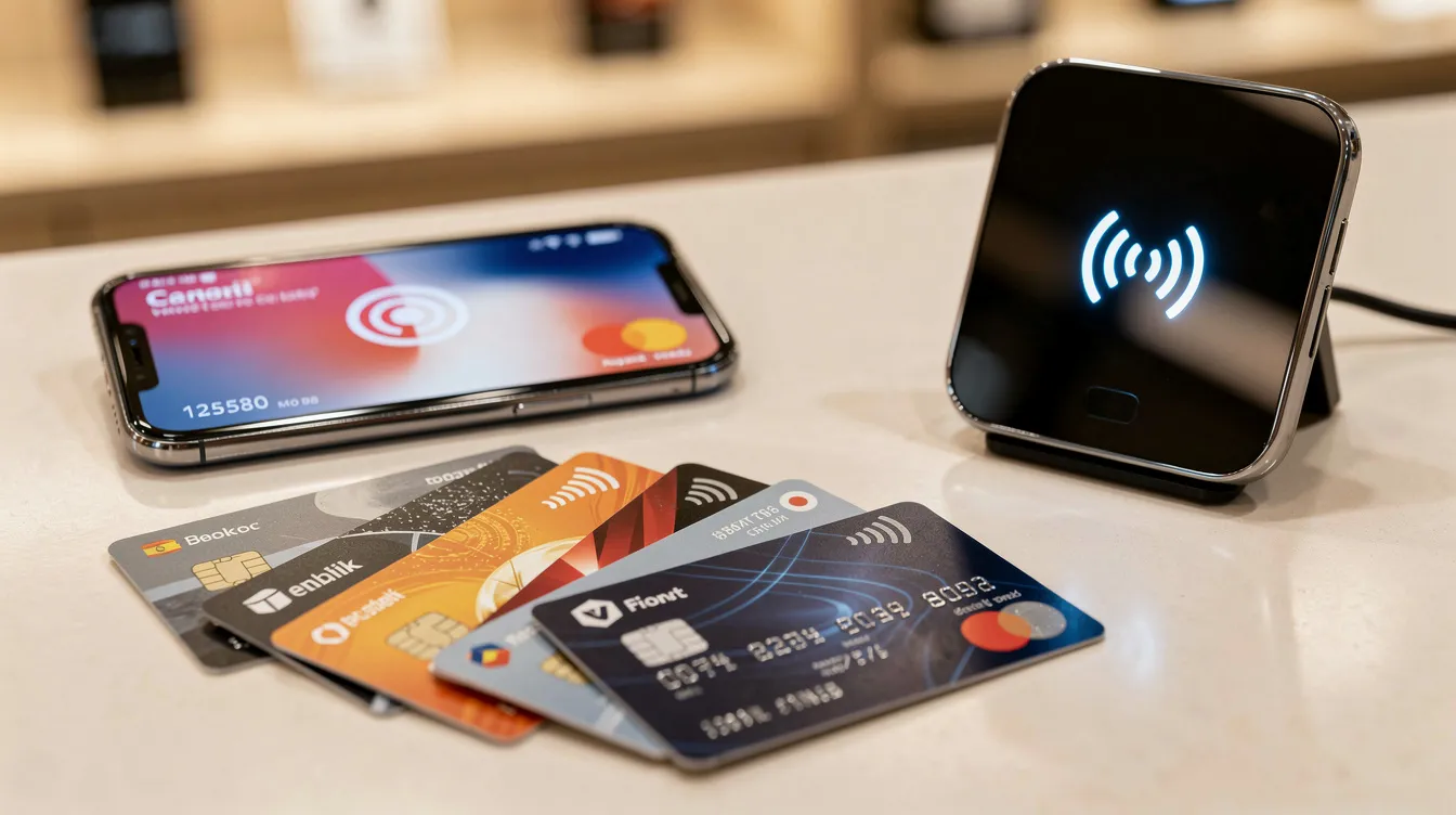 The image features multiple credit cards alongside a smartphone displaying a digital wallet, with a contactless payment terminal positioned on a counter. This scene highlights various payment options for online businesses, showcasing tools for accepting payments, such as credit card payments and digital wallets, which facilitate seamless transactions.
