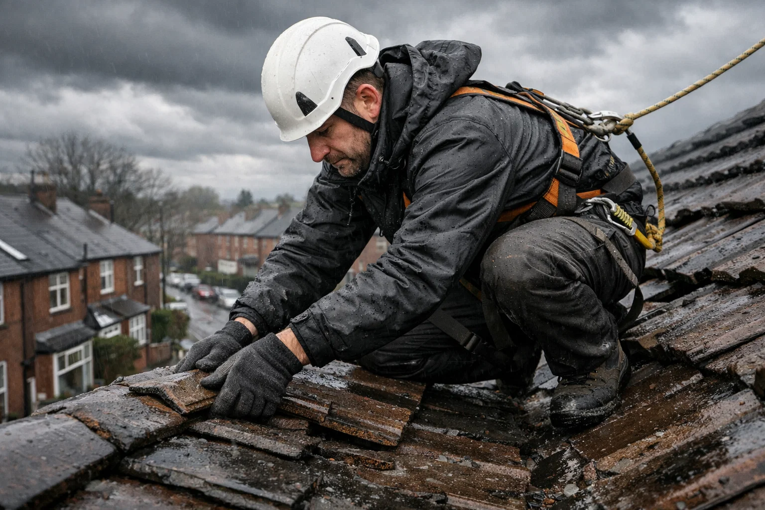 Emergency roofer in Manchester repairing loose tiles after storm damage.