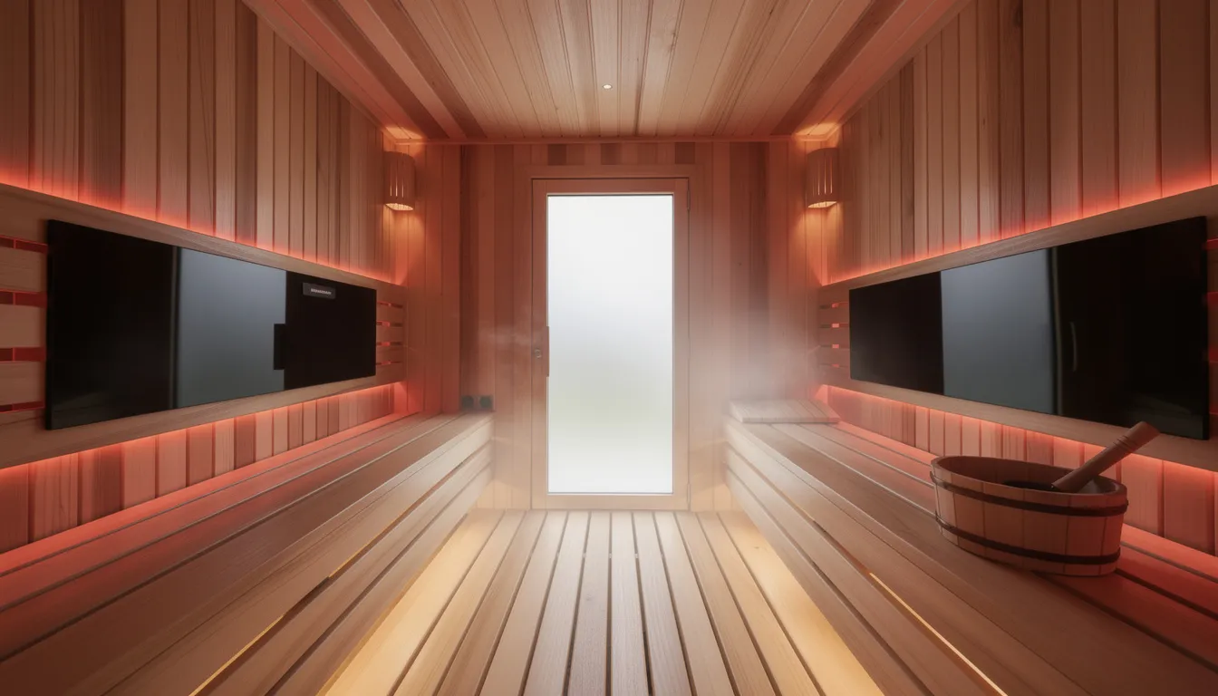 The image depicts a sleek wooden sauna cabin interior featuring integrated infrared panels along the walls, creating a warm and inviting atmosphere. The design emphasizes comfort and style, making it a perfect fit for a relaxing sauna experience.