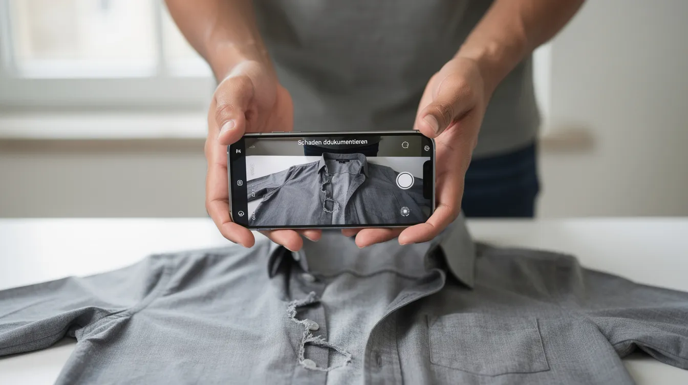 Eine Person hält ihr Smartphone in der Hand und fotografiert einen sichtbaren Schaden an einem Kleidungsstück, um diesen für eine Dokumentation festzuhalten. Der Schaden zeigt deutliche Fadenzüge und Aufrauungen, die auf eine offensichtliche Materialschwäche hinweisen.