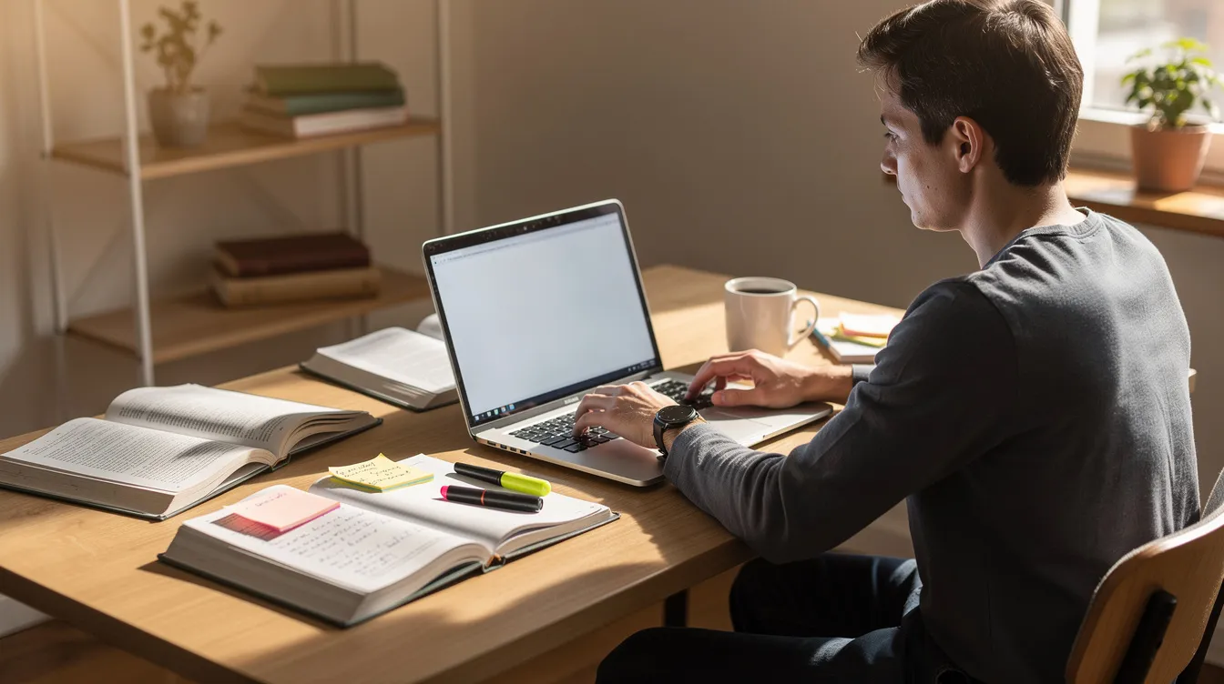 A person is studying at a desk, surrounded by books and a laptop, as they prepare for their contractor license exam. The scene reflects a focus on learning about general contractor license requirements and the construction industry.