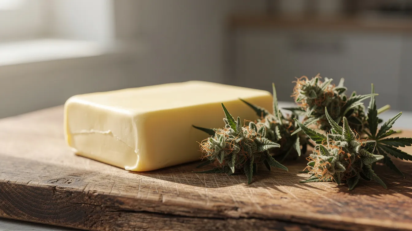 Butter und getrocknete Cannabisblüten auf einem Holzschneidebrett – die Grundzutaten für Cannabutter.