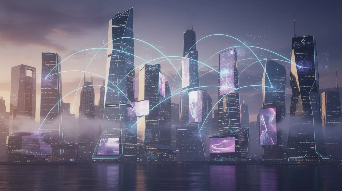 The image depicts a futuristic city skyline at dusk, illuminated by glowing digital connection lines that weave between the buildings, symbolizing AI-driven connectivity. This vibrant scene reflects the integration of AI systems within urban environments, showcasing how AI-powered platforms enhance communication and connectivity in modern cities.
