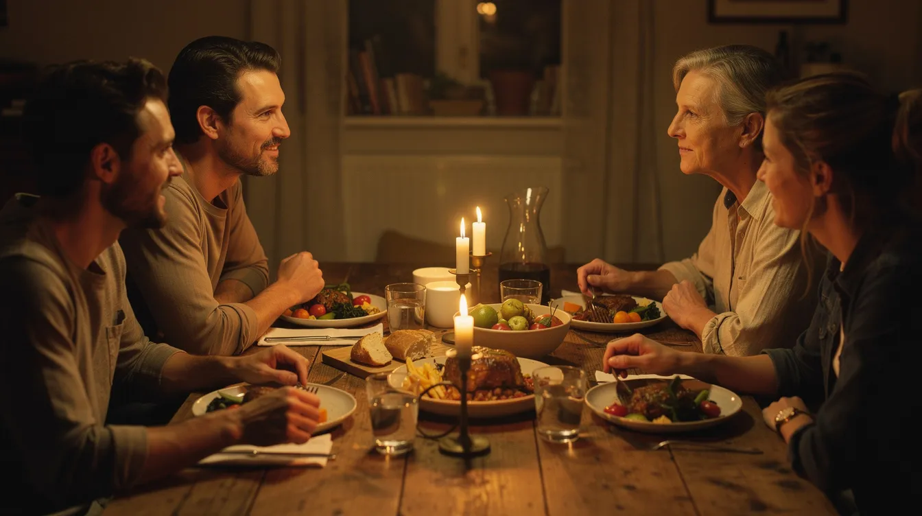 A warm candlelit dinner table is filled with friends and family engaged in lively conversation, sharing simple dishes as they build relationships and enjoy each other's company. This gathering reflects the spirit of community, reminiscent of how Jesus shared meals to connect with people, fostering a sense of belonging and joy in daily life.