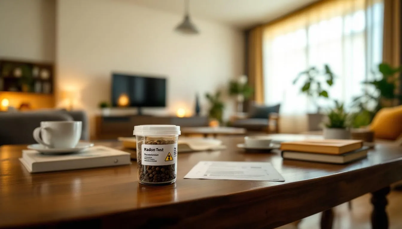 Dans l'image, on voit un sous-sol de maison où un professionnel effectue un test de détection de radon, mettant en avant l'importance de mesurer la concentration de radon pour la santé des occupants. Des équipements de mesure sont visibles, soulignant les risques associés à l'exposition au radon et la nécessité d'une atténuation adéquate pour prévenir le cancer du poumon.